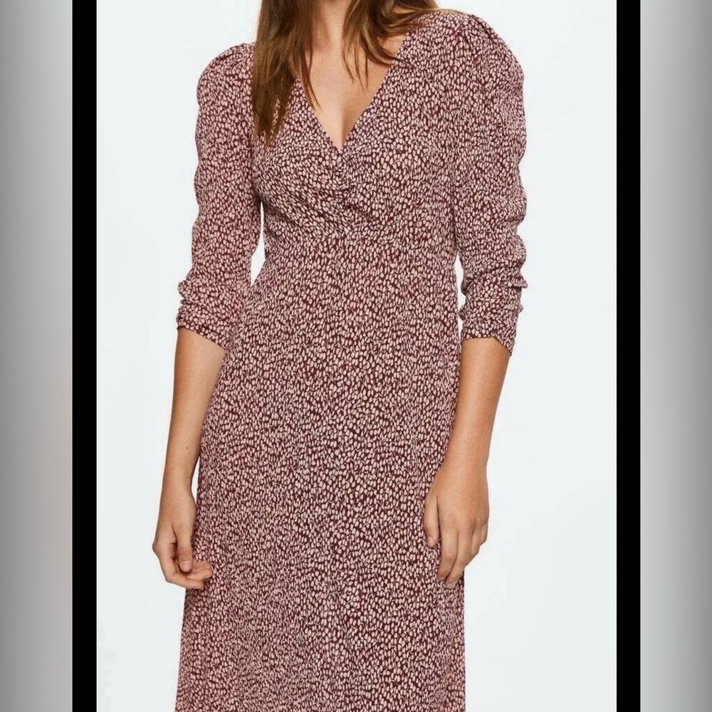 Mango Long Sleeve Burgundy Patterned Crepe Fit & Flare Dress Small